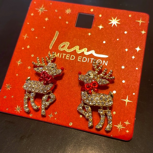 ⚜️I Am Gold Rhinestone Encrusted Reindeer Earrings! NWT! - Picture 1 of 2